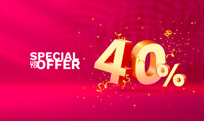 40 Off. Discount creative composition. 3d sale symbol with decorative objects, golden confetti, podium and gift box. Sale banner and poster. Vector