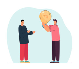 Man showing his friend huge light bulb. Having brilliant idea flat vector illustration. Startup, business, presentation, innovation, brainstorm concept for banner, website design or landing web page