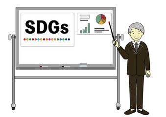 ホワイトボードでSDGsの説明をする男性のイラスト