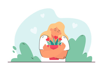 Pretty blond woman hugging house plant in pot. Metaphor of love and caring flat vector illustration. Relationship, love, nature, home and comfort concept for banner, website design or landing web page