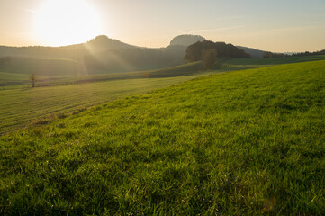 green meadow and golden autumn sunlight in the beautiful tranquil mountain landscape in Germany
