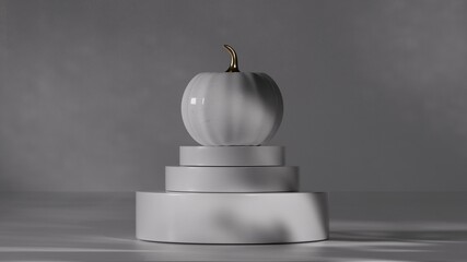3D Halloween background pedestal podium on white, stylized pumpkins. Halloween advertising template and product promotion. Abstract banner, spooky luxury 3D render