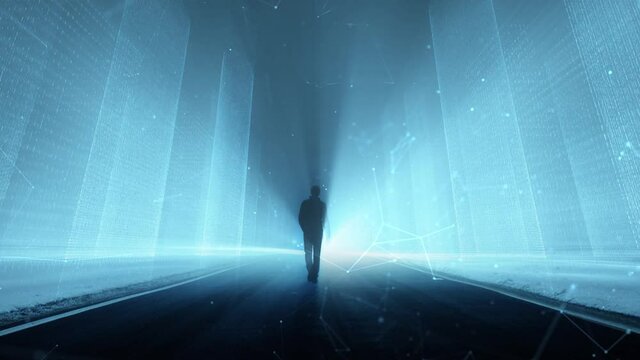 Futuristic silhouette of a man walking in a augmented  digital technology city background.