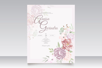 romantic colorful flower Wedding invitation card template set with beautiful  floral leaves Premium Vector