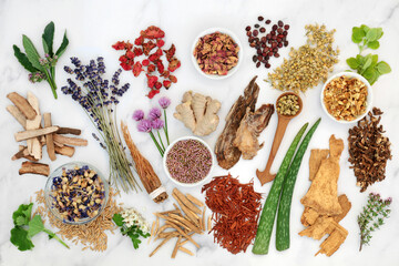 Herb, flower, spice collection used in alternative herbal plant medicine in bowls and loose....