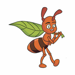 Cute cartoon ant uses green leaf  isolated on a white background