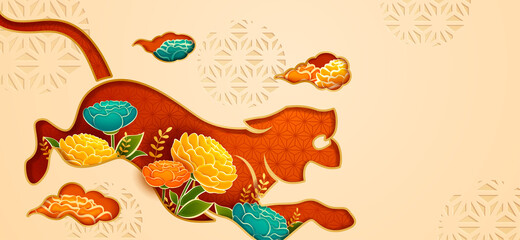 Paper cut of tiger shaped with paper graphic style flower on oriental festive theme background. Happy Chinese New Year 2022. Year of Tiger.