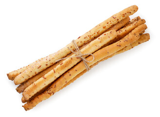 Grissini bunch on a white background, isolated. Top view