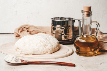 Homemade dough for baking. Wheat flour yeast dough. Cooking for pizza, loaf and rolls
