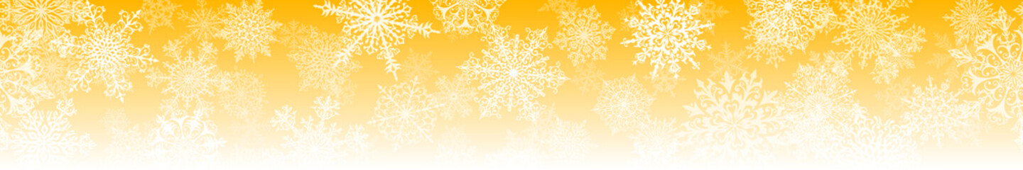 Christmas horizontal  banner of big and small complex snowflakes with seamless horizontal repetition, in yellow colors. Winter background with falling snow