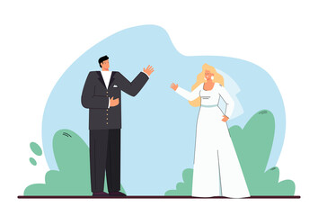 Cartoon bride and groom getting married. Man in tuxedo and woman in wedding dress flat vector illustration. Love, relationship, romance, marriage concept for banner, website design or landing web page