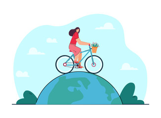 Female cartoon character riding bicycle on globe. Woman on ecological transport flat vector illustration. Ecology, environment, transportation concept for banner, website design or landing web page