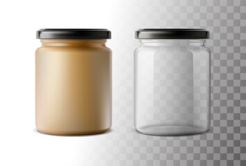 vector icon. Glass jar. Transparent can with plastic lid. Empty and full bottle.