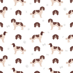 French spaniel seamless pattern. Different poses, coat colors set