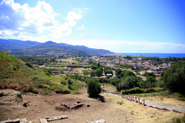 Panorama with sea and mountains of the city of Ascea, view from the hill with the ruins of Velia, Cilento, Italy
