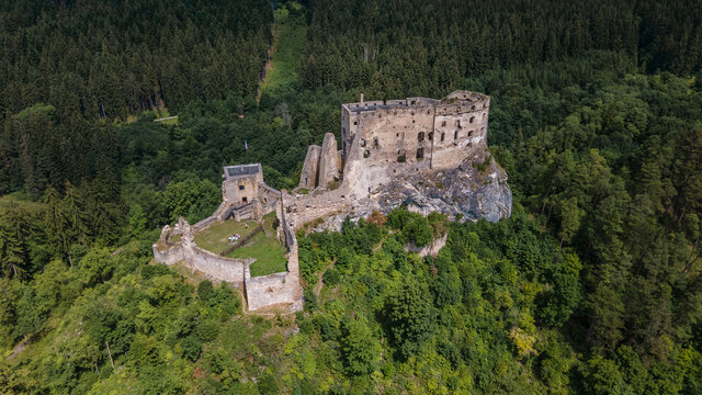 Aerial view of Likava castle in Likavka village in Slovakia