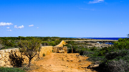 view and panoramas of the "camì de cavalls" (path of horses) trekking trail of Menorca, Balearic Islands, Spain.