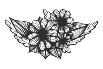 Bouquet of flowers daisies and leaves line art. Chamomile garden plant. Hand drawn in doodle style. Black and white vector illustration.