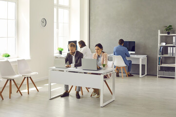 Busy people in office. Modern interior of company's workplace with employees sitting at tables with laptops. Business colleagues working in office or coworking space. Successful business concept.