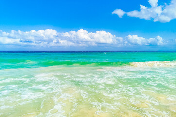 Tropical mexican beach clear turquoise water Playa del Carmen Mexico.