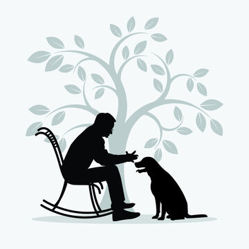 A senior man sit rocking chair with pet. Vector illustration on gray color background.