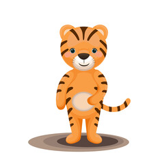 Cute little tiger isolated on white background. Wild animal cartoon illustration.