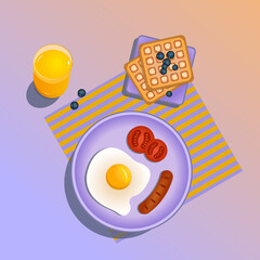juice, waffles, scrambled eggs for breakfast
