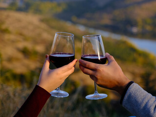 two hands toasting wine glasses with lake background. celebrate, make a toast.