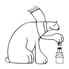 cute polar bear opening presents, vector clipart, funny animal illustration good for card and print design