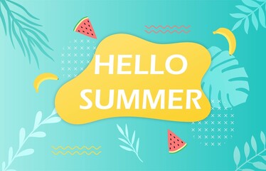 Hello Summer banner. Graphic element for website, Tropical abstract images. Bright pictures for information about discounts and sales. Vivid vector illustrationg isolated on green background