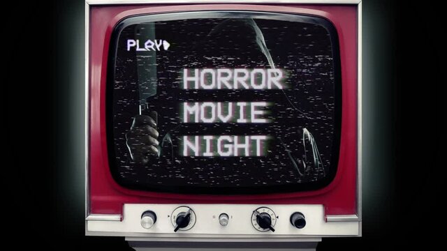 A retro TV set showing a VHS tape recording: a faceless friar (a ghost) throwing an axe chopper in the air, with the overimposed text Horror Movie Night. Scary Halloween clip.
