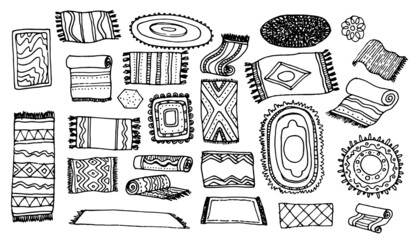 a set of painted carpet and carpets. a hand-drawn doodle-style set of different shaped carpets with different textures, dots and lines. isolated black line on white objects for interior