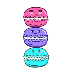 Three flat kawaii-style funny macaroons on top of each other with smiling, laughing faces. Vector isolated composition on a white background.