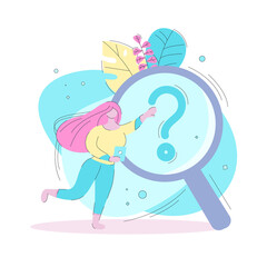 FAQ. Character concept with bright hair with a tablet on the background of a magnifying glass with a question mark. Flat illustration in bright colors for websites, landing pages and applications.