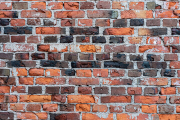 Fragment of a part of the wall of a house made of old weathered red and brown bricks for use as a background.