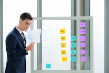 Smart and Handsome caucasian businessman are presentations of information business plans and strategy on a glass board with sticky notes at the meeting in the work place.