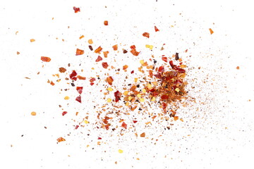Crushed red cayenne pepper, dried chili flakes and seeds pile isolated on white background, top view - obrazy, fototapety, plakaty