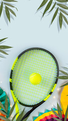 Tennis, summer composition with racket, yellow tennis ball, colorful paper fans and palm leaves on...
