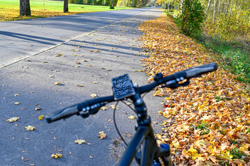 bicycle parked on bicycle path with autumn leaves