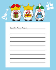 Letter to the three kings of orient. Dear wise men written in Spanish