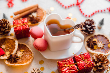 New Year 's tea on a white background . Glitter and white background. Holiday. Holiday decorations. The layout is a festive tea party. Christmas