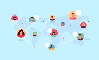 Diverse of people in worldwide global communication. Female and male characters talking to friends from world map flat vector illustration. Friendship, network technology, chat in social media concept