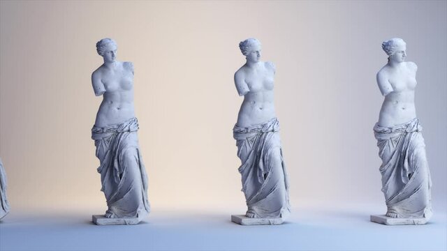 Ancient Roman white marble rotating statue of Venus on a light background. 3d animation of a seamless loop.