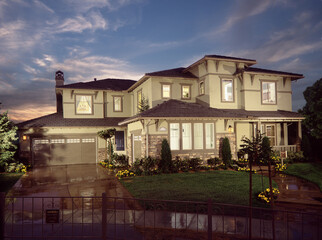 New Home with landscaping at dusk housing project
