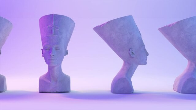 Ancient Roman white marble turning head of Nefertiti on a light background. 3D animation of seamless loop.