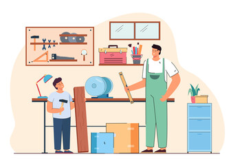 Carpenter father teaching son carpentry in workshop. Dad and boy working with diy tools in garage interior flat vector illustration. Carpentry and joinery, repair work, family craft hobby concept