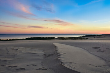 moving dunes in Leba, Poland, beautiful sunset - obrazy, fototapety, plakaty