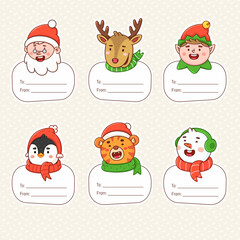 Christmas labels with winter holiday symbols. Heads of fairy-tale characters and animals. Gift tags for new year decoration - 462488180