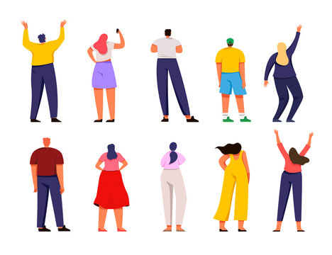Back view of different people vector illustration set. Men and women standing, watching, waving hands, taking photo on phone, diversity actions, casual clothes concept