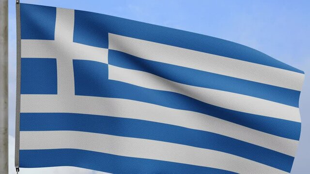 3D, Greek flag waving on wind with blue sky and clouds. Close up of Greece banner blowing, soft and smooth silk. Cloth fabric texture ensign background.